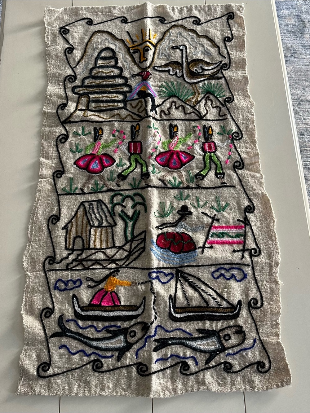 Hand-Embroidered Multicolor Peruvian Folk Art Wall Hanging,21”wide by 37.75” ht